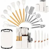 Diyarts Kochbesteck-Set (Set, 23-tlg., Setumfang: Beige 23-teilig, Grün, Weiß und Schwarz 20-teilig), Silikon-Kochflächen, Holzgriffe, Edelstahl, inkl. Kochmesser