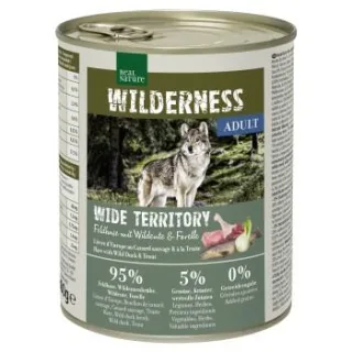 REAL NATURE WILDERNESS Nassfutter Hund, Adult, Wide Territory, Feldhase mit Wildente und Forelle 12x800 g