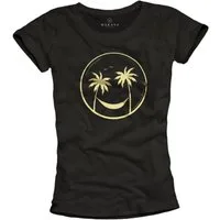 MAKAYA T-Shirt Schwarzes Damen Top – Palmen & Smile Motiv für den Urlaub (Schwarz, S, M, L, XL) Baumwolle