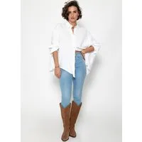 SASSYCLASSY Longbluse Oversize Musselin Bluse Damen kurz Langarm Elegant Hemdbluse lang aus Baumwolle mit V-Ausschnitt, One Size (Gr. 36-48)