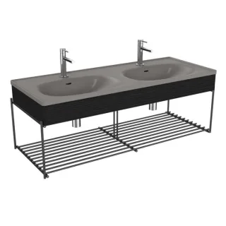VitrA Equal Doppelmöbelwaschtisch-Set 66066 132,5x52cm, Möbelwaschtisch asymmetrisch, steingrau matt, mit Holzblende schwarz-eiche