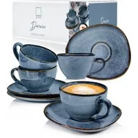 SÄNGER Kaffeeservice Darwin Kaffeetassen Set (8-tlg), 4 Personen, Steingut, Handmade, 300 ml, Blau, Premium Collection