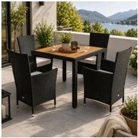 Casaria Garten-Essgruppe, (5-tlg), Polyrattan 4 Personen Auflagen Stühle Stapelbar Akazie Holz Wetterfest