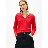 Tommy Hilfiger V-Ausschnitt-Pullover CO CABLE V-NK LS SWT mit Zopfmuster, Logostickerei