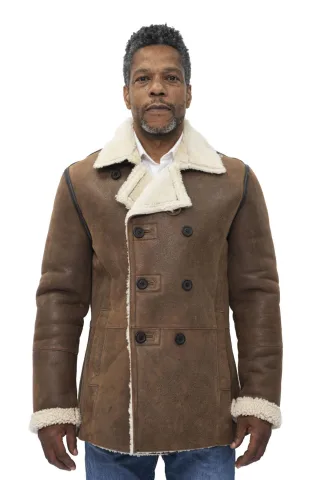Zweireihiger Herren-Erbsenmantel aus Shearling-Schaffell-Valencia