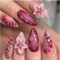 LuxusKollektion Kunstfingernägel 24 Stück Mittel Mandel Press on Nails 3D Blume Rhinestone Akrylnägel