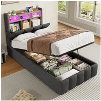 KIMENICH Polsterbett mit LED Beleuchtung und Ladefunktion (1-tlg., Ohne Matratze), Jugendbett Hydraulisches Stauraumbett, 90x200 cm