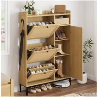 GarveeMore Schuhschrank aus Rattan mit 3 Klappschubladen und 4-stufiger Schuhschrank Schuhschrank mit verstellbaren Regalen für Eingang,Flur,Wohnzimmer