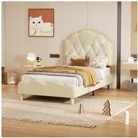 Flieks Polsterbett, LED Beleuchtung Kinderbett Einzelbett mit Wellenform Kopfteil 90x200cm