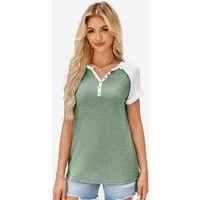 Imily Bela T-Shirt Damen mit V-Ausschnitt und Knopfleiste Casual Oberteil (Packung, 1-tlg., 1per-Pack) Raglanärmel-Design mit Kontrastfarben
