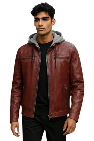 Herren Ox Red Kapuzenjacke aus burgunderrotem Biker-Lammleder - Ingham