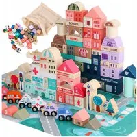 Kinderplay Dolls & Strollers Holzbausteine Stadt Set – 115 tlg Lernspiel – ab 3 Jahren – mit Matte Holzbaukasten, (Set, Holz-Bausteine-Set 115-tlg)