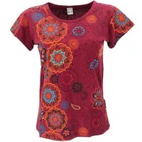 Guru-Shop T-Shirt Boho T-Shirt mit Stickerei und Druck, Baumwoll.. Festival, Ethno Style, alternative Bekleidung