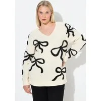 Ulla Popken Strickpullover Pullover Glitzer-Schleifen V-Ausschnitt Langarm