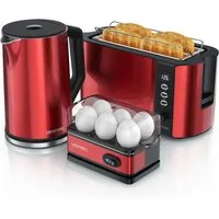 Arendo Frühstücks-Set Set aus Wasserkocher, Toaster, Eierkocher, Toaster 4-Scheiben (3-tlg), Temperatureinstellung, 1,5 L, 2000 W, Eierkocher 1-6 Eier, 400 W, rot