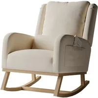 FUROKOY Schaukelstuhl Polster Relaxstuhl Leinen Schaukelsessel mit Holzsockel,2 Seitentaschen,1 Lendenkissen,Beige