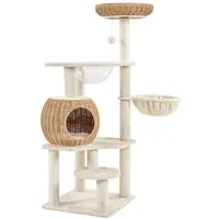 Yaheetech Kratzbaum 137,5 cm (H), aus Rattan-Geflecht, Katzenbaum mit Katzenhaus, Liegemulde, Korb, Sisalstämme, Plüschball