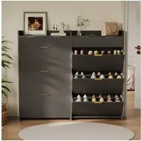 PXloue Schuhschrank mit 2 Klappen Schuhregal Schukipper( mit Kippsicherung)  (mit 2 Schubladen) Schuhkommode im Flur Diele,Trennwand verstellbar, 110x24x80 cm