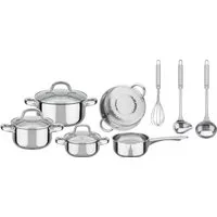 GSW Topf-Set Montreal, Edelstahl (Set, 11-tlg., je 1 Kochtopf 14/16/20 cm, 1 Stieltopf 14 cm), Kaltmetall-Griffe, Glasdeckel, inkl. Kochutensilien, Induktion
