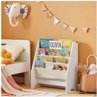 SoBuy Bücherregal FRG225, Spielzeugregal Spielzeugtruhe für Kinderzimmer, Spielzimmer, Kinderbücherregal mit 4 Ablagefächern Hängefächerregal Zeitungsständer