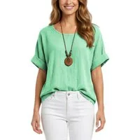 dy_mode Kurzarmbluse Damen Kurzarm Bluse Leichte Sommer Tunika Baumwollbluse Oberteil in Unifarbe, mit passende Kette