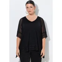 Ulla Popken Druckbluse Mesh-Bluse Spitzenkanten Oversized V-Ausschnitt
