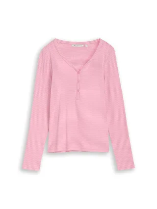 Denim Tom Tailor - Slim Fit Henley Langarmshirt mit Streifenmuster pink white stripe - Gr. - S