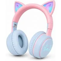 Forrlite Kinderkopfhörer Bluetooth 5.3 mit RGB-Katzenohren, Over-Ear-Kopfhörer Bluetooth-Kopfhörer (kompatibel mit Tablet/Computer/Telefon, 10 Std. Laufzeit, faltbar, TF/SD-Karte, 3,5-mm-Audiokabel, Blau-Rosa)