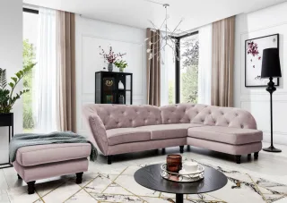 Ecksofa inkl.Hocker CHARLOTTE in Stoff Matt Velvet Altrosa Ottomane Rechts