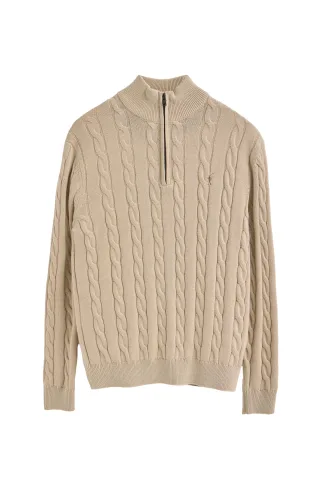 Strickpullover beige mit Zopfmuster aus Wollgemisch mit halbem Reißverschluss und gesticktem Rigby Go-Logo