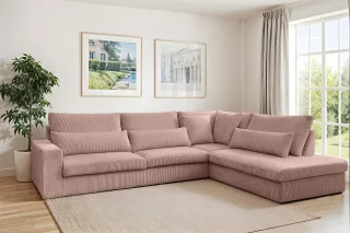 Ecksofa Designersofa THORA in Stoff Poso Altrosa Ottomane Rechts