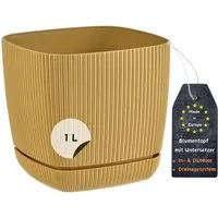 Engelland Blumentopf Pflanztopf mit Drainagesystem & Untersetzer (12 x 12 cm, 1 Liter, 1 St., robuster PP-Kunststoff), eckig, Rillenoptik, UV-resistent, direkte Bepflanzung