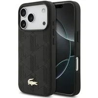 Lacoste Handyhülle iPhone 17 Pro Kunstleder schwarz Logo Krokodil goldfarbig. 6,3 Zoll, Kantenschutz