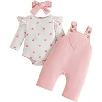 Lapastyle Overall Baby Mädchen bedruckte Langarmbody, Cord-Latzhose und Stirnband (Set, 3-tlg) Lässiger Anzug im Colorblocking Stil, geeignet für Frühling und Herbst