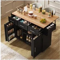 Flieks Küchenwagen mit erweiterbarer Arbeitsplatte, Rollen & Massivholzbeine austauschbar, (139x46(71)x91,5 cm, 1 St), Kücheninsel Buffetschrank Servierwagen mit verstellbare Ablagen