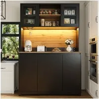 Odikalo Sideboard Küchenschränke Küchen Beistelltische Acryl Tür LED Schubladen Schwarz