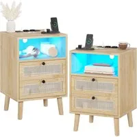 MSMASK Nachttisch Rattan, Naturfarben mit 2 Schubladen, 40x35x60cm (2-St), mit USB-Ladestation & LED-Beleuchtung