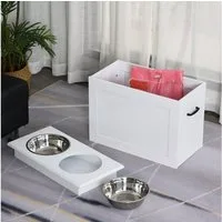 PawHut Futternapf 2 Hunde Katzen Fressnapf mit Staumraum, Edelstahl, Weiß 60 x 30 x 41 cm