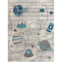 Vimoda Kinderteppich Astronaut in Grau und Blau, Rechteckig, Läufer mit Weltall Muster, Mond, Kinderzimmer, Spielzimmer