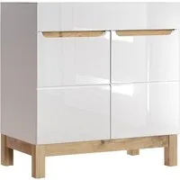 Lomadox Waschbeckenschrank SOLNA-56 Waschtischunterschrank 80 cm Hochglanz weiß mit Wotaneiche 80x85x46cm