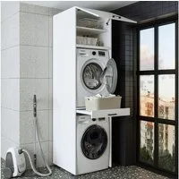 Roomart Waschmaschinenumbauschrank Waschplatz für Waschmaschine & Trockner mit Ausziehbrett & Hochschrank (Waschmaschinenschrank für Trockner und Waschmaschine Überbauschrank)