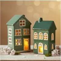 matches21 HOME & HOBBY Kerzenhalter Windlichter Häuser Set, Dekohäuser aus Keramik in Grün (2 St), Kerzenhalter als Herbstdeko & Winterdeko