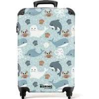 NoBoringSuitcases.com© Kinderkoffer Seetiermuster mit Delphinen, Robben und Krabben 55x35x20cm, 4 Rollen, Kinder Koffer Klein, Trolley Handgepäck, Reisekoffer