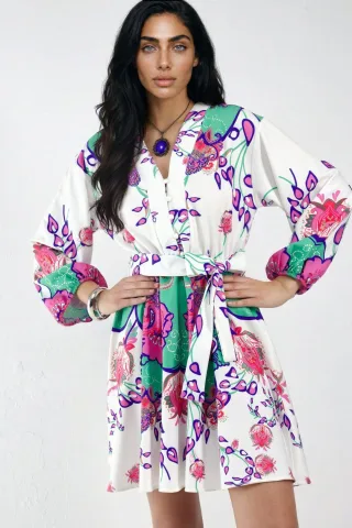 Blumiges V-Ausschnitt A-Linien Mini-Kleid mit Gürtel