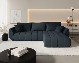 Ecksofa Schlafsofa MISATO Stoff Wind Dunkelblau Ottomane Rechts