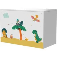 en.casa Spielzeugtruhe, »Oleiros« Dinosaurier-Motiv 40 x 60 x 30 cm Weiß/Grün/Gelb