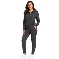 L.gonline Freizeitanzug Damen Jogginganzug einfarbig 100% Baumwolle 586 Anthrazit S (Kapuzenjacke mit Reißverschluss, Hose, 2-tlg), Fitness Freizeit Casual
