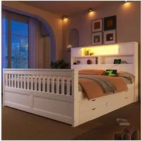 Merax Massivholzbett mit LED-Kopfteil & USB-Anschluss (Plattformbett Bettgestell Doppelbett aus Holz, 1-tlg), 160x200cm mit 4 Schubladen, Stauraumregalen, Bücherregal & Ablagen