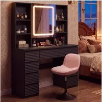 HOMALL Schminktisch LED-Schminkspiegel, schwarz-weißer Schminktisch und Hocker im Set (Kombination aus 9 Schubladen, 7 offenen Fächern und Stauraum hinter dem Spiegel, Maße: 108 x 40 x 146 cm, mit 2 Steckdosen, 1 USB-Anschluss und 1 Typ-C-Anschluss s