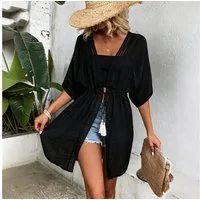 MOPUEA Strandkleid Strandtunika Damen Boho Bikini Überwurf Mit Spitze V Ausschnitt (Damen Strandtunika Bikini Überwurf Im Boho Stil, Schnelltrocknender Überwurf Mit Tunnelzug Und Spitze) Luftig Figurfreundlich Pflegeleicht Und Reisetauglich